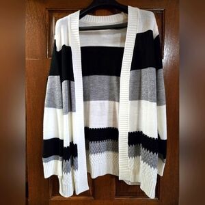 Women Long Sleeve Striped Color Black & White Open Front Cardigan Fall Weather
